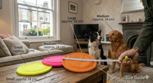 A size comparison chart for a fabric frisbee for dogs placed on a wooden coffee table, showing options suitable for different breeds.