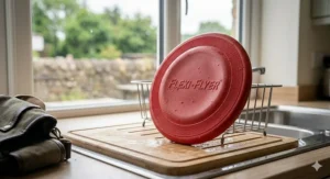 A clean, flexible rubber dog frisbee after being washed, highlighting its hygienic material.