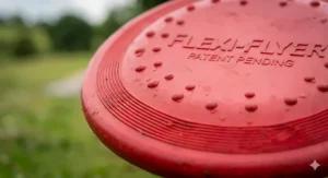 A close-up showing the tear-resistant texture of a flexible rubber dog frisbee.