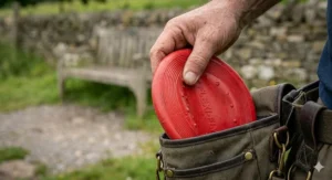 A flexible rubber dog frisbee being folded to fit into a dog walking treat bag.