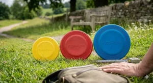 A selection of small, medium, and large flexible rubber dog frisbees lined up.