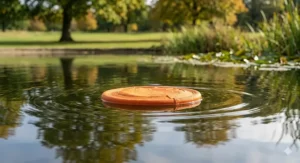 A buoyant fabric frisbee for dogs floating on the surface of a pond, demonstrating its use as a water-safe retrieval toy.