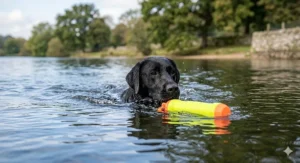 A photorealistic image showing a black Labrador mid-swim in a clear British lake, about to retrieve a bright, buoyant floating fetch toy. Natural daylight and a softly blurred countryside background.