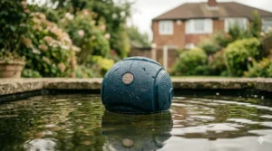 A buoyant, chew-proof dog ball floating in water, ideal for Staffies who love swimming.
