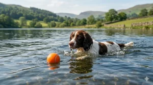 A photorealistic photograph taken at sunny midday, showing a joyous Springer Spaniel swimming in a clear British lake, retrieving a bright orange floating rubber ball from the water.