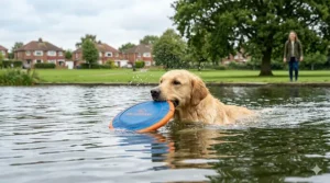 A Golden Retriever swimming in a British lake towards a floating soft frisbee, demonstrating its buoyant properties.