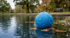 A bright blue textured dog ball floating in a park pond, specifically designed for water retrieval and seaside holidays.