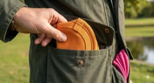 An illustration showing a flexible fabric frisbee for dogs being folded and tucked into a wax jacket pocket for easy transport during country walks.