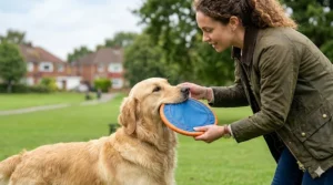 Close-up shot of a Golden Retriever interacting gently with a fabric-based soft frisbee, highlighting tooth and gum protection.