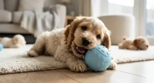 A small puppy chewing on a squishy, dental-friendly ball designed for sensitive young teeth and gums.