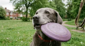 Close-up of a soft rubber frisbee designed to be gentle on the teeth and gums of senior dogs.