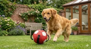 A detailed, 4K photorealistic photograph of a chocolate Labrador Retriever running with a specialised glow-in-the-dark dog football toy with multiple grab tabs at twilight in a British park.