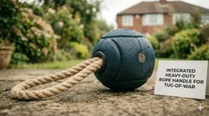 A thick, indestructible rubber ball attached to a heavy-duty rope for tug-of-war with a Staffy.