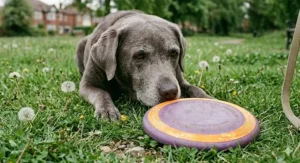 A brightly coloured soft rubber flying disc on green grass, making it easier for older dogs with fading eyesight to track.