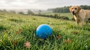 A high-resolution, photorealistic photograph taken at golden hour in the British countryside, featuring a vibrant blue rubber ball nestled amongst dewy green grass and autumn leaves.