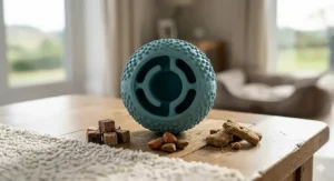 A hollow, soft-sided treat dispenser ball that encourages chewing without damaging the dog's tooth enamel.