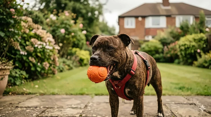 A brindle Staffordshire Bull Terrier chewing on a heavy-duty, indestructible blue rubber ball in a grassy garden. indestructible balls for staffies