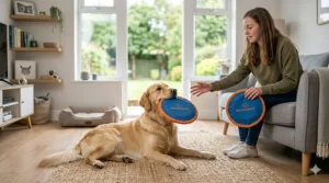 A Golden Retriever playing with a lightweight soft frisbee inside a British home living room, safe for furniture and floors.