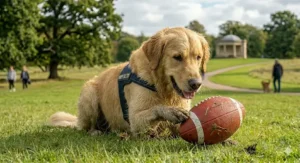 A size guide showing different rugby ball dog toy dimensions suitable for Jack Russells up to Labradors.