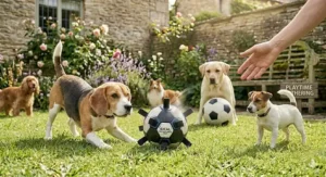 A group of dogs including a Beagle and Labrador preparing to play with a soccer ball for dogs in a sunny garden.