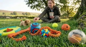 An interactive puzzle fetch toy being filled with treats by a dog owner in a countryside setting.