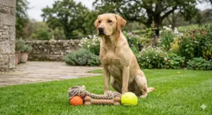 A photorealistic close-up of a yellow Labrador sitting in a grassy garden, with a stack of durable fetch toys, including a rubber ball, a rope tug, and a chew bone, at its paws.