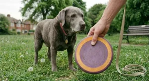 A lightweight rubber frisbee being carried in a dog walking bag, ready for trips to the British countryside.