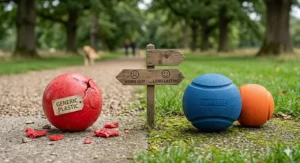 A side-by-side comparison of a standard chew toy and a premium dog ball, illustrating durability and value for money.
