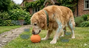 A senior dog walking toward a ball rather than jumping, illustrating low-impact exercise for arthritis management.