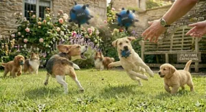 A variety of British dog breeds playing together with a soccer ball for dogs on a sunny afternoon in the park.