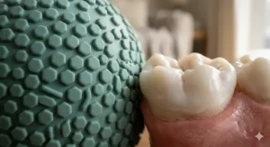 Close-up of a non-abrasive dog ball texture that prevents dental wear and blunting of the canine teeth.