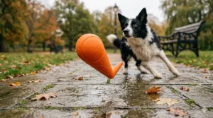 A high-resolution action photograph showing a bright orange rubber ball bouncing erratically off a damp, textured stone pavement path in a traditional British park.