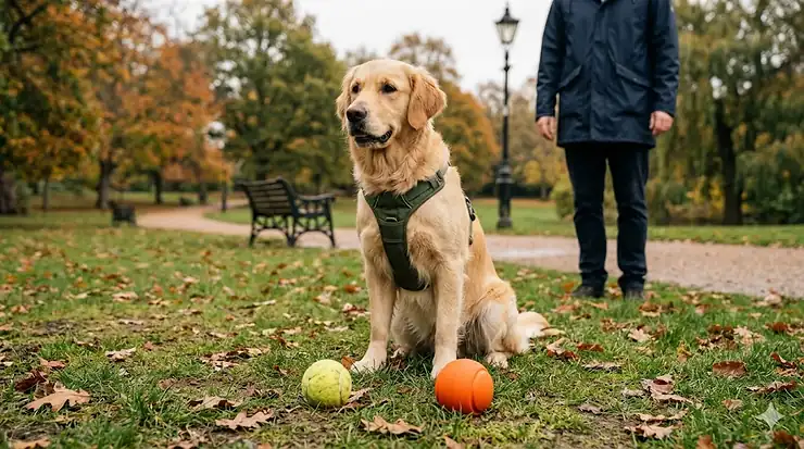 Golden Retriever in a British park sitting next to a bright orange rubber ball and a yellow tennis ball. rubber balls vs tennis balls for dogs