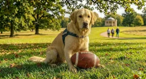 A glow-in-the-dark rugby ball dog toy being used for fetch during a late evening winter walk.