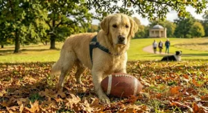A hollow rugby ball dog toy being filled with biscuits to act as a boredom breaker for dogs.