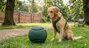 A Labrador retriever playing with a large, non-toxic premium ball in a British woodland, ensuring safe play.