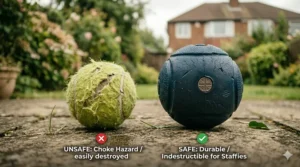Comparison between a flimsy tennis ball and a reinforced, indestructible solid rubber ball for dogs.
