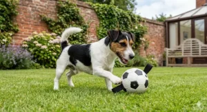 A detailed, 4K photorealistic photograph of a Jack Russell Terrier playing with a small dog football toy on a green lawn in a British garden.