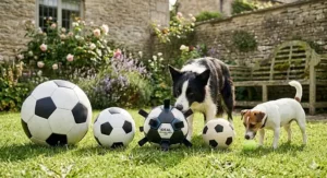A size comparison of different dog soccer balls on grass, featuring a Border Collie and a Jack Russell Terrier.