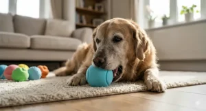 An older dog playing with a lightweight, soft-foam ball that is gentle on ageing teeth and sensitive jaws.
