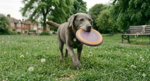 A scale comparison image showing the size of the soft rubber frisbee relative to a typical senior dog's head.