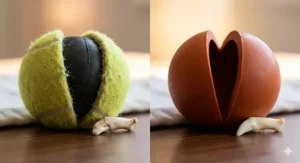 Comparison of abrasive tennis ball felt versus smooth, non-toxic rubber safe for canine tooth enamel.