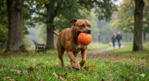 A puncture-resistant solid natural rubber ball resting on damp grass and fallen oak leaves in a typical UK park setting.
