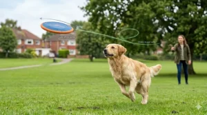 An illustrative view of a Golden Retriever tracking a soft dog frisbee in flight, demonstrating a stable, low-speed hover.