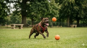 A happy Staffy chasing a bright orange indestructible ball across a British park.