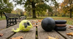 A side-by-side comparison on a weathered wooden park bench of a shredded standard tennis ball and a solid indestructible black rubber ball.