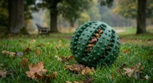 A green nubbed dental ball filled with treats to help clean teeth and soothe gums while a dog chews.