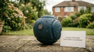 A textured heavy-duty dog ball designed for easy gripping and cleaning teeth during play.