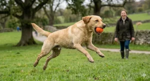 A photorealistic close-up of a robust, black rubber fetch toy resting centrally on a weathered, light-grey stone paved garden path within a British country garden.