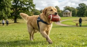 Close-up of a heavy-duty, non-toxic rubber rugby ball dog toy designed for aggressive chewers.